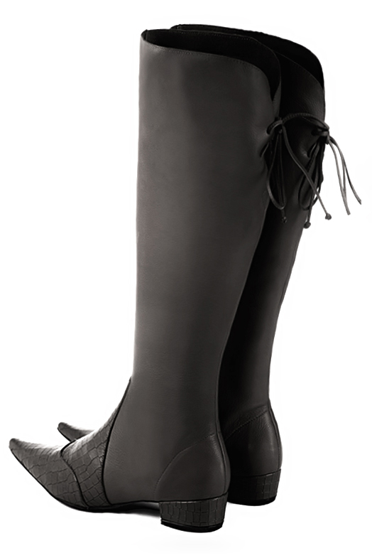 Dark grey women's knee-high boots, with laces at the back. Pointed toe. Low block heels. Made to measure. Rear view - Florence KOOIJMAN